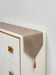 Camino de mesa minimalista de color gris puro con textura y ribete de borlas, tela decorativa de estilo moderno neutro para mesa de comedor, apta para todas las estaciones, adecuada para mesa de comedor, mesa de café, consola de entrada, tocador y vestíbulo - Caqui - Ver 10