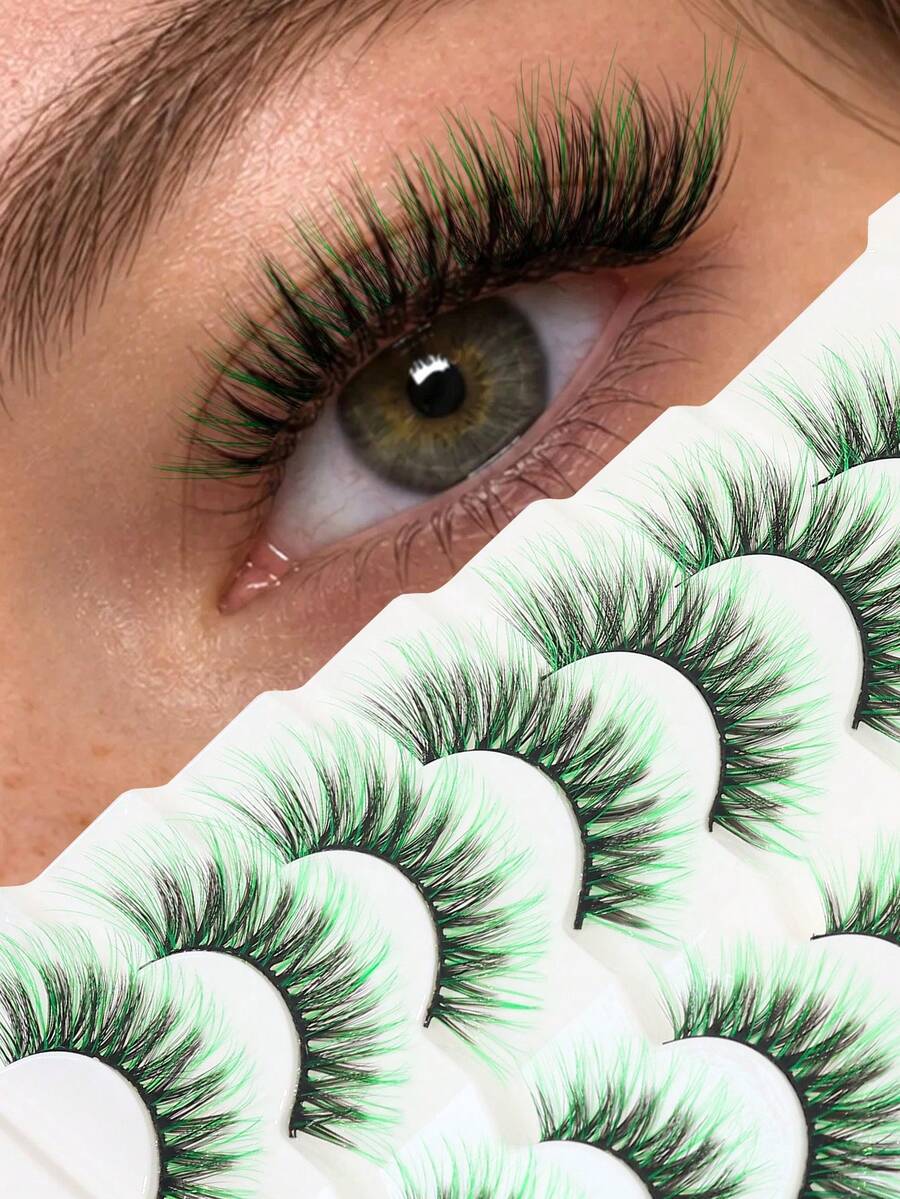 7 Pairs Green Cotton Thread Black Stem Dense Fish Tail Style False Eyelashes, Suitable For Festivals, Parties, Gatherings And Other Holiday Occasions, 20mm - 彩色 - 查看 1
