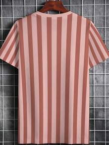 Camiseta deportiva casual de verano de manga corta, diseño a rayas en coral rosa suave, tela ligera de poliéster, ajuste cómodo para gimnasio o uso diario. - Negro - Ver 3