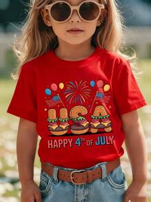 Girls' Short-Sleeved T-Shirt From The 'American Independence Day' Collection With Cartoon Prints Such As 'HAPPY 4TH OF JULY', Hamburger, United States, American Flag - 紅色 - 查看 1