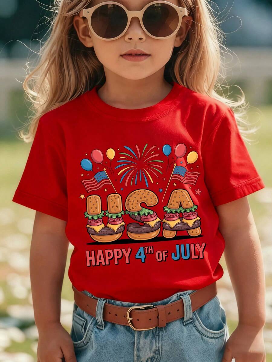 Girls' Short-Sleeved T-Shirt From The 'American Independence Day' Collection With Cartoon Prints Such As 'HAPPY 4TH OF JULY', Hamburger, United States, American Flag - 紅色 - 查看 1