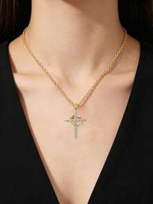 1pc Gold Plated Rhinestone Crown Cross Pendant Necklace, Exquisite Y2K Crystal Cross Choker, Gothic Punk Style Women's Necklace, Party Jewelry - Multicolor - View 1