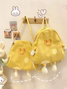 6pcs/1pc Cartoon Cheese Print Women's Canvas Backpack, Soft Thickened Canvas Material Large Capacity Casual Daily Use Bag, Adjustable Shoulder Strap Lightweight Student School Bag, Suitable For Teen Girls Junior High And High School Students Spring And Autumn Daily Outdoor Travel School - Multiple Styles - View 3