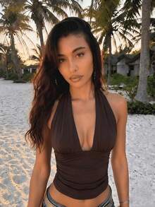Summer Women's Hot Girl Fitted Lace-Up Ruched Solid Color Top Brown - Brown - View 1