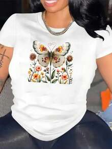 Camiseta algodón mujer estampado ilustración acuarela vintage de mariposa grande y flores silvestres, versátil para estilo primaveral delicado - Blanco - Ver 1