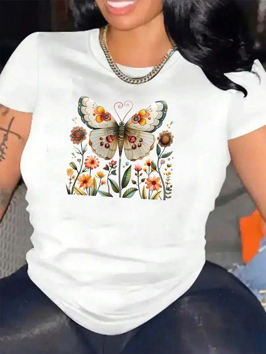 Camiseta algodón mujer estampado ilustración acuarela vintage de mariposa grande y flores silvestres, versátil para estilo primaveral delicado - Blanco - Ver 1
