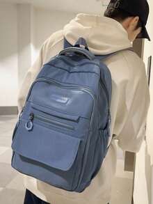 Mochila minimalista blanca crema para estudiantes, mochila de nylon suave con múltiples bolsillos y etiqueta de parche de cuero para la escuela & el transporte diario - Multicolor - Ver 3