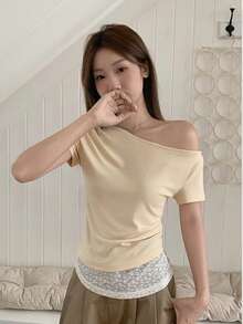 Women's 2-In-1 Asymmetric Shoulder Short Sleeve T-Shirt, Summer New Lace Patchwork Hem Slim Fit Top Yellow - Yellow - View 3