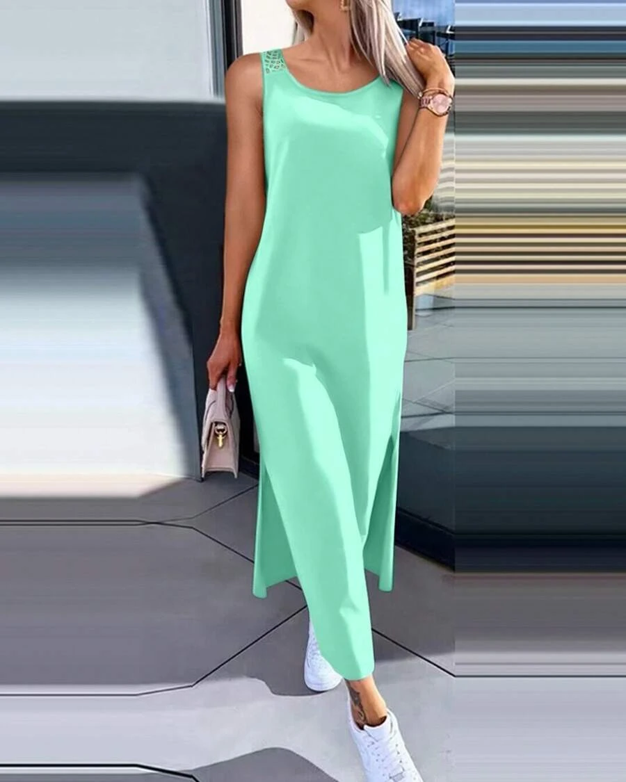 New Women's Simple Solid Color Sleeveless Summer Dress With Lace Back - Mint Green - View 1