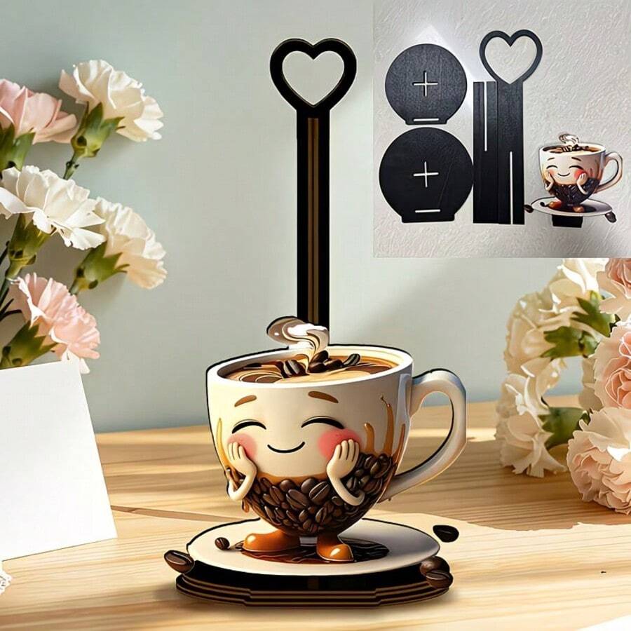 2D Flat Wooden Desktop Napkin Holder, Coffee Cup Creative Design, Restaurant Bar Kitchen Living Room Desktop Atmosphere Decor, Practical Paper Towel Storage Rack For Home, Aesthetic Desktop Organizer, Mother's Day Gift - Multicolor - View 1
