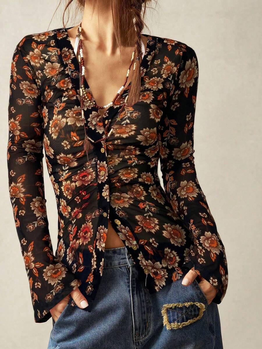 Women's Vintage Bohemian Style Knit Lace V-Neck Blouse, Perfect For Holidays, Simple And Casual Everyday Wear - 彩色 - 查看 1