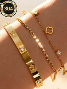 Znice 2026 New Stainless Steel 18K Gold Plated Bracelet & Bangle Set, Stackable Or Wear Individually, Fashion Jewelry, Sparkling Bracelet, Flower Bangle, Full Rhinestone Bracelet Set, Suitable For Party And Daily Wear, High-End Exquisite Gift For Mother And Daughter - Gold - View 7