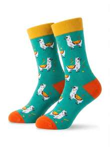 1 Pair Men's Alpaca Mid-Calf Socks, Cute Cartoon Llama Pattern, Autumn Winter Warm Daily Casual Socks, Ideal Gift For Llama & Animal Lovers - Multicolor - View 4