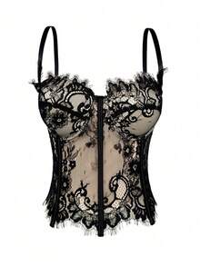 Women's Floral Lace Corset Camisole Top, Elegant And Sexy For Vacation And Casual Summer Wear, Black - 2 - 查看 1
