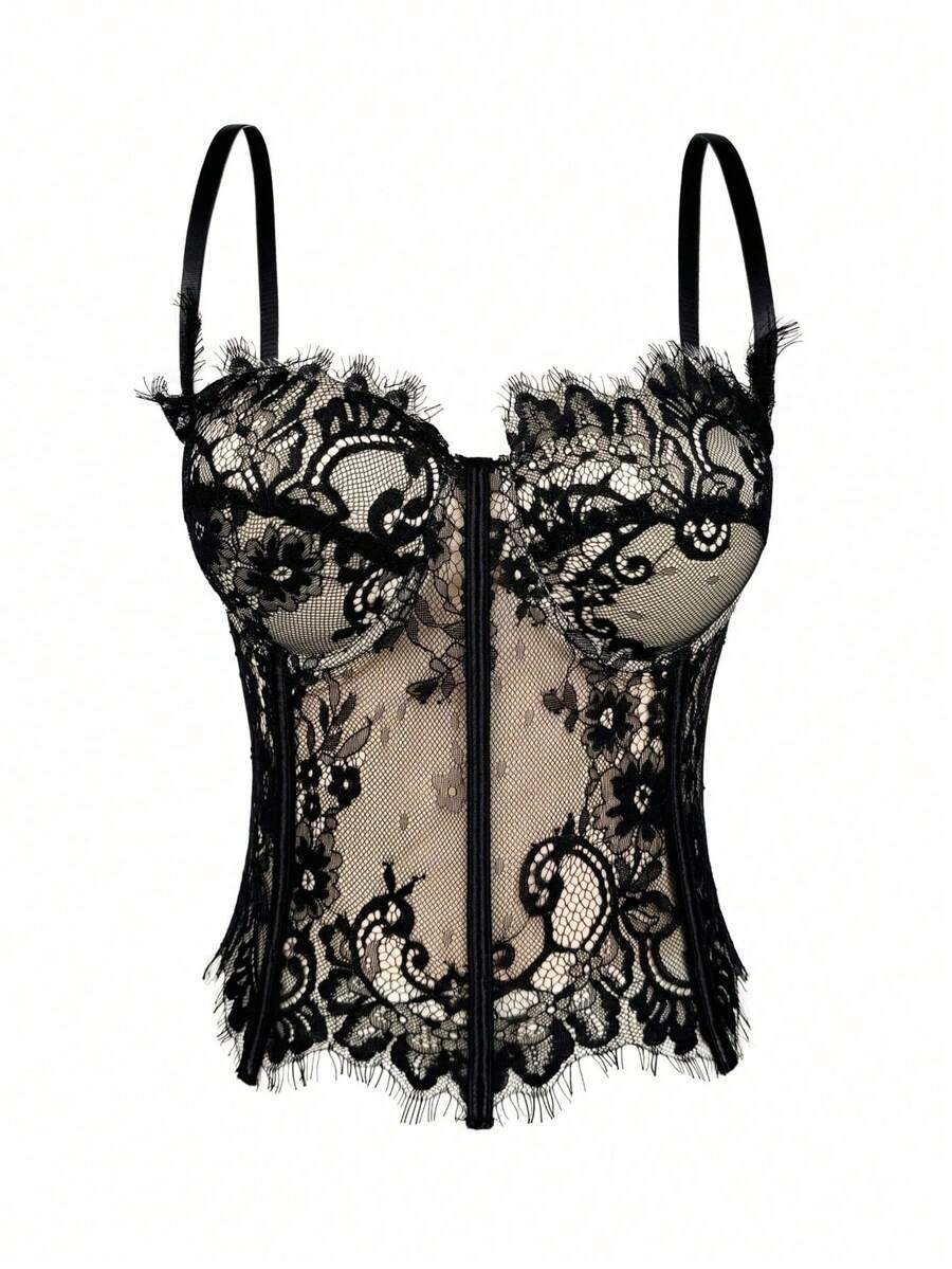 Women's Floral Lace Corset Camisole Top, Elegant And Sexy For Vacation And Casual Summer Wear, Black - 2 - 查看 1