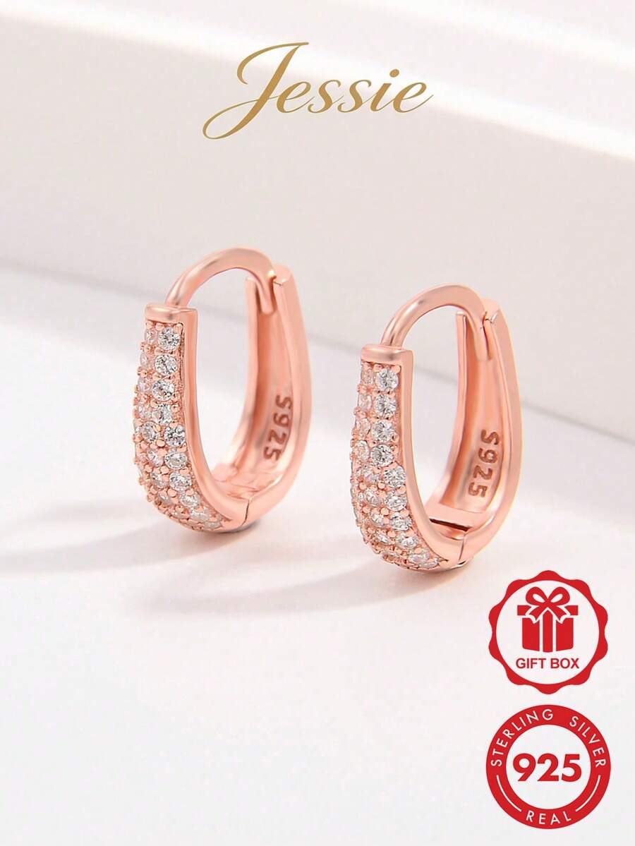 Vaerine 1對精緻輕盈925純銀半圓小石簇雙環耳環,女款,派對與日常配飾禮物 - 玫瑰金 - 查看 1