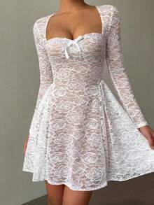 Vestido blanco mini sexy con manga larga, cuello en forma de corazón de encaje, lazo y fruncido, estilo romántico y dulce para mujer, ideal pa - Blanco - Ver 6