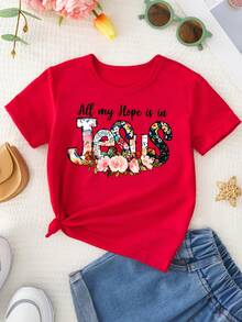 Girls' Round Neck T-Shirt With Letter And Flower Print "All My Hope Is In Jesus", Sweet And Versatile. - Red - View 2