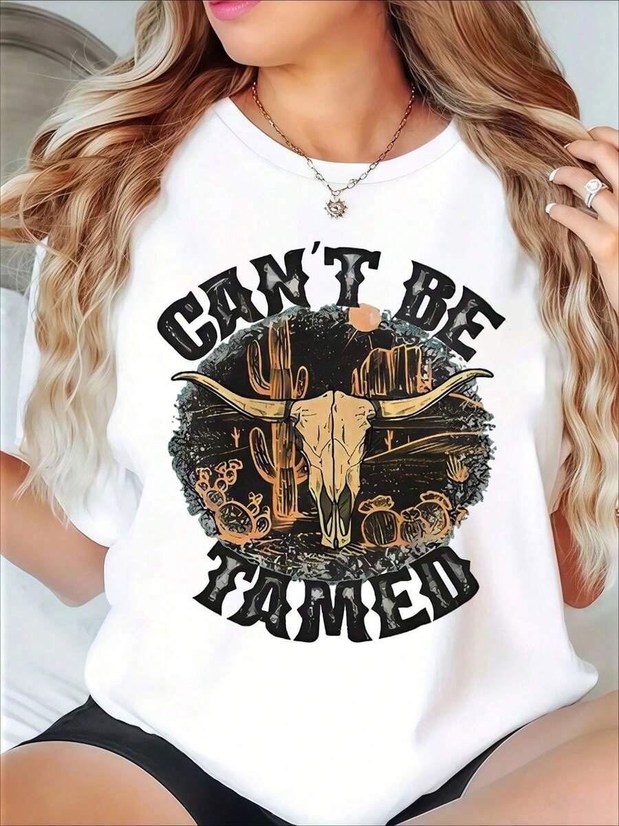 Women's Oversized T-Shirt With Western Bull Skull Graphic "Can't Be Tamed", Casual Summer Top, Country Style, Fashion Piece, Casual Blouses For Ladies - 白色 - 查看 1