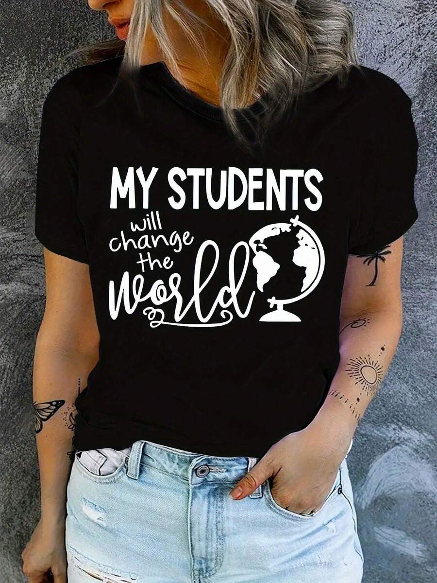 Soft Cotton Summer T-Shirt Women's T-Shirt With Teacher's Day Themed Print And The Slogan "Change The World" | New Spring/Summer Casual T-Shirt With Round Neck And Sleeves - 黑色 - 查看 1