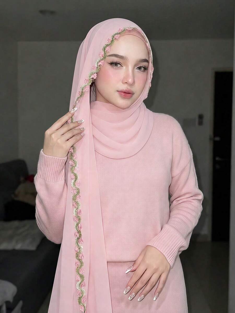 1件裝女款喇叭袖刺繡雪紡頭巾,柔軟透氣舒適百搭長巾,防曬頭巾,希賈布,簡約百搭,適合日常穿著,四季皆宜 - 多色-喇叭花刺繡邊長巾 - 查看 1