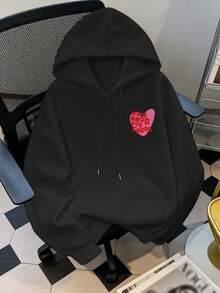 Women's Plus-Size Casual Hoodie – Reversible Heart & Checkerboard Print – "Sweet-Cool" Style – Autumn/Winter Graphic Hoodie - Black - View 2