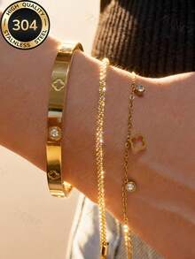 Znice 2026 New Stainless Steel 18K Gold Plated Bracelet & Bangle Set, Stackable Or Wear Individually, Fashion Jewelry, Sparkling Bracelet, Flower Bangle, Full Rhinestone Bracelet Set, Suitable For Party And Daily Wear, High-End Exquisite Gift For Mother And Daughter - Gold - View 3