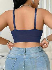 Sujetador deportivo suave sin aros de talla grande, top corto con escote en V, tejido acanalado sin costuras, tirantes finos ajustables y almohadillas extraíbles, para entrenamiento - Azul - Ver 2