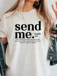 Camiseta de manga corta con cuello redondo para mujer, con estampado de la frase bíblica "Envíame a Isaías 6:8", estilo minimalista, religioso, informal, para uso diario. - Blanco - Ver 1