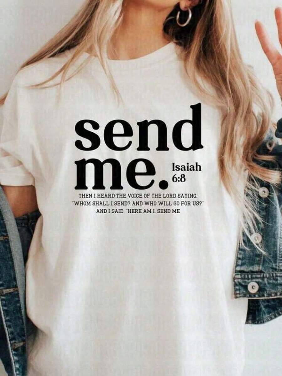 Camiseta de manga corta con cuello redondo para mujer, con estampado de la frase bíblica "Envíame a Isaías 6:8", estilo minimalista, religioso, informal, para uso diario. - Blanco - Ver 1