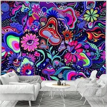 Mushroom Evil Eye Floral Tapestry, Vibrant Rainbow Vortex Abstract Pattern Wall Hanging, Dark Starry Sky Background, Bohemian Hippie Style Bedroom Living Room Dorm Aesthetic Photo Backdrop, Indoor Art Wall Carpet Home Decor - Multicolor - View 4