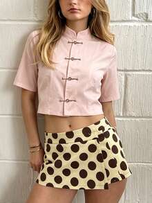 Women's Chinese Tops Solid Color Mandarin Collar Frog Buttons Crop Blouse - Pink - View 6