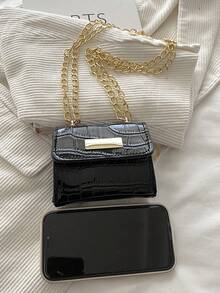 Bolso bandolera mini texturizado de verano 2025, bolso cuadrado versátil de moda con correa de cadena - Negro - Ver 10