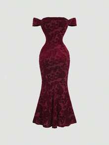 Women's Fitted Mermaid Maxi Dress With Off-The-Shoulder Design, Ruffles, And Vintage Velvet Trim - Color as Pic - View 2