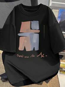 Casual Summer Cotton T-Shirt With Abstract Print And Text Design, Round Neck, Lightweight Fabric, Ideal For Casual Outfits, Everyday Wear T-Shirt, Modern Casual Wear, Fabric D - 黑色 - 查看 1
