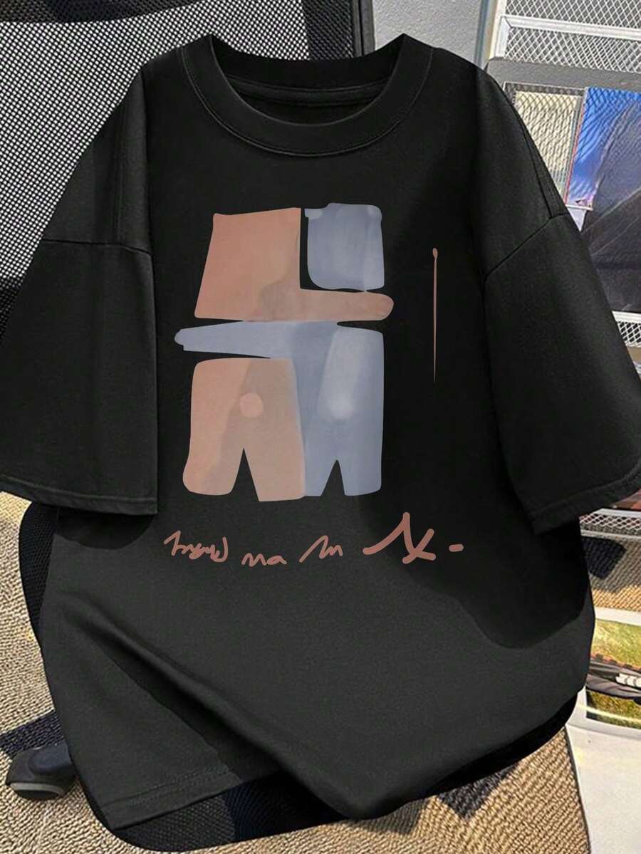Casual Summer Cotton T-Shirt With Abstract Print And Text Design, Round Neck, Lightweight Fabric, Ideal For Casual Outfits, Everyday Wear T-Shirt, Modern Casual Wear, Fabric D - 黑色 - 查看 1