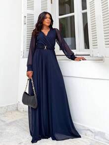 Women's Long Sleeve Jumpsuit, Semi-Transparent, Lined, Lightweight, V-Neck, Comfortable, Fresh, Casual, Elegant, Sizes M And L, Printed And Solid - 藏蓝色 - 查看 3