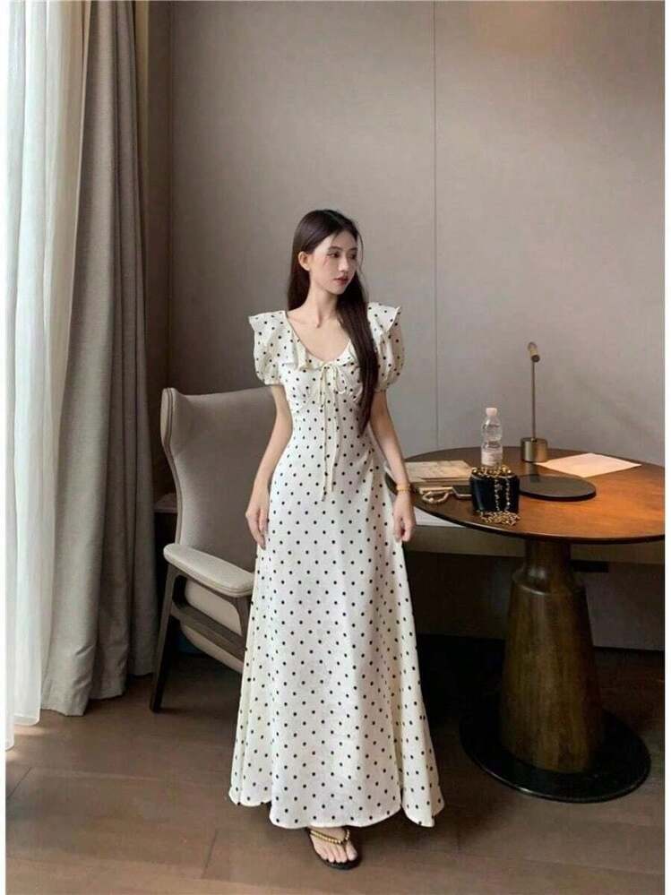 Women Long Dresses - 白色波點 - 查看 2