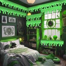 1pc Halloween Green Slime Theme Banner, Glow Under UV Light, Party Slime Banner, Halloween Fence Roof Sign, Green Hanging Bunting Decoration, Suitable For Outdoor Eaves, Doorway, Window, Balcony - Multicolor - View 4