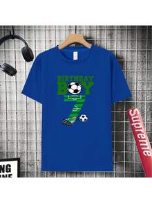 Boy's Number 7 Birthday Party T-Shirt, Featuring A "Birthday Boy" Print In Green Lettering, A Casual Short-Sleeved Sporty Style With Stadium Numbers And A Soccer Ball Design. - Biru - View 4