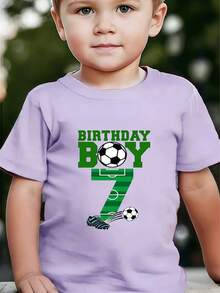 Boy's Number 7 Birthday Party T-Shirt, Featuring A "Birthday Boy" Print In Green Lettering, A Casual Short-Sleeved Sporty Style With Stadium Numbers And A Soccer Ball Design. - 紫色 - 查看 2