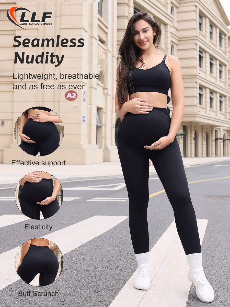 LLF Maternity Seamless Nursing Bra With Detachable Cups + Leggings Sports Set, High Support Shoulder Strap Design . Sewn-In Removable Padding . Women's High Support Style (Suitable For Training/Yoga/Running/Gym/Daily Wear) - Black - View 1