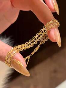 1 Stainless Steel Lace-Style Floral Bracelet – Fashionable, Elegant, Delicate, Adjustable, Unique Design, High-End - Gold - View 6