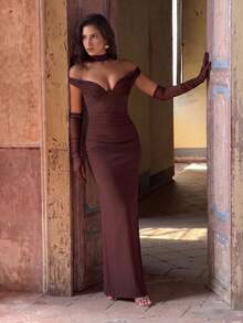Elegant Women's Off-Shoulder Fitted Long Party Evening Dress (No Gloves, Includes Ribbon) - Brown - View 1