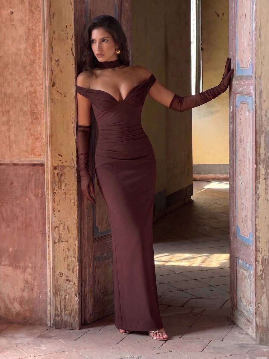 Elegant Women's Off-Shoulder Fitted Long Party Evening Dress (No Gloves, Includes Ribbon) - Brown - View 1