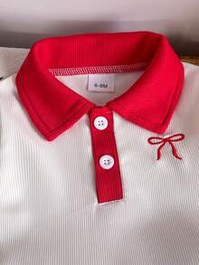 Baby Girl 2-Pieces Set, Casual Polo Neck Long Sleeve Top In Red & White Contrast, And Bow Embroidery Pleated Denim Mini Skirt, Autumn/Spring - White - View 5