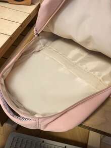 Mochila minimalista blanca crema para estudiantes, mochila de nylon suave con múltiples bolsillos y etiqueta de parche de cuero para la escuela & el transporte diario - Multicolor - Ver 4