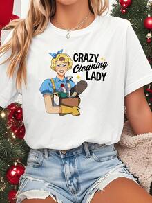 Conjunto de Herramientas de Limpieza, Camiseta Inspiradora Estampada para Mujer| Camiseta de manga corta con cuello redondo - Blanca, ligera, para pri - Blanco - Ver 1