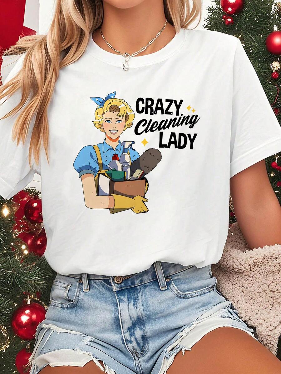 Conjunto de Herramientas de Limpieza, Camiseta Inspiradora Estampada para Mujer| Camiseta de manga corta con cuello redondo - Blanca, ligera, para pri - Blanco - Ver 1