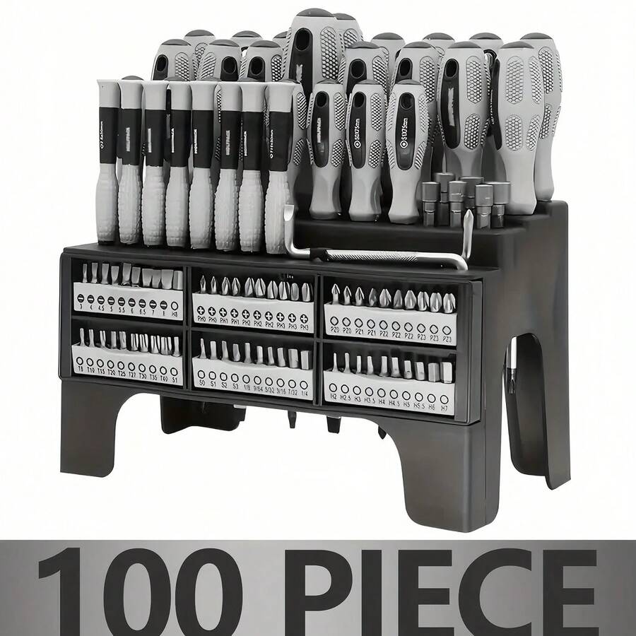 Juego de 100 Destornilladores Magnéticos con Soporte de Plástico, Incluye Destornilladores de Paleta//Torx de Precisión, Mangos Antideslizantes de Goma, Destornilladores Multiusos, Mejor Regalo de Herramientas para Hombres (Gris) - 100 piezas grises - Ver 1